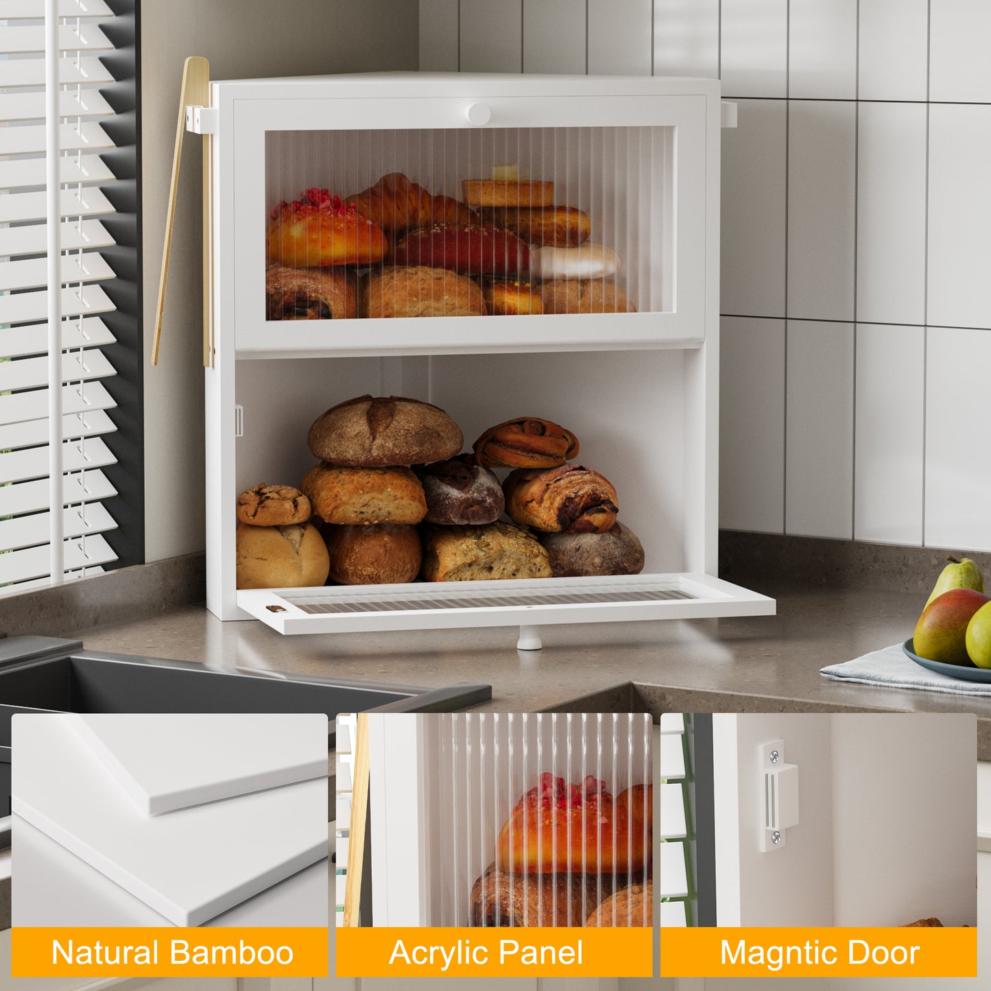 BGTREND Corner Bread Box for Kitchen Countertop, Large Double Layer Bread Storage Container for Homemade Bread, Black Bread Holder for Kitchen Counter, Under Cabinet Organizer (White, Extra Large)