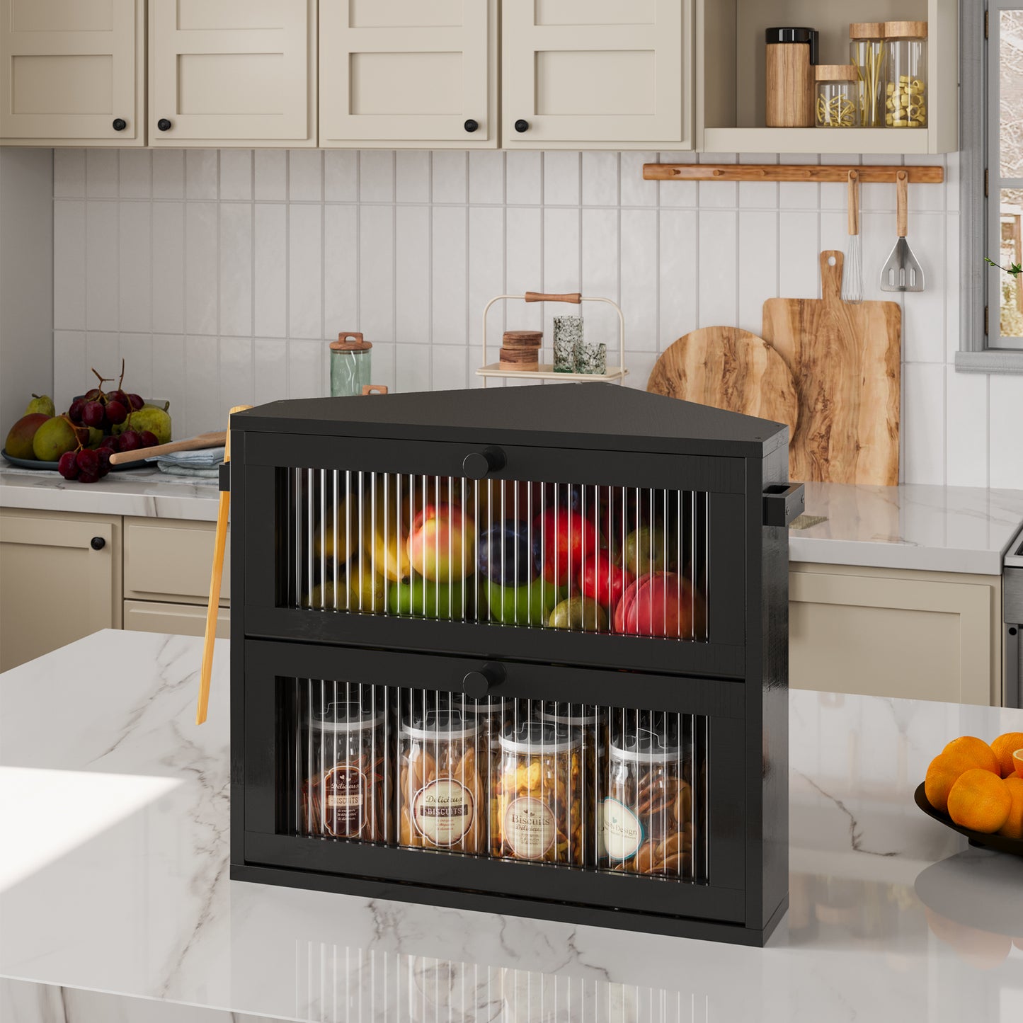 BGTREND Corner Bread Box for Kitchen Countertop, Large Double Layer Bread Storage Container for Homemade Bread, Black Bread Holder for Kitchen Counter, Under Cabinet Organizer (Black, Medium)