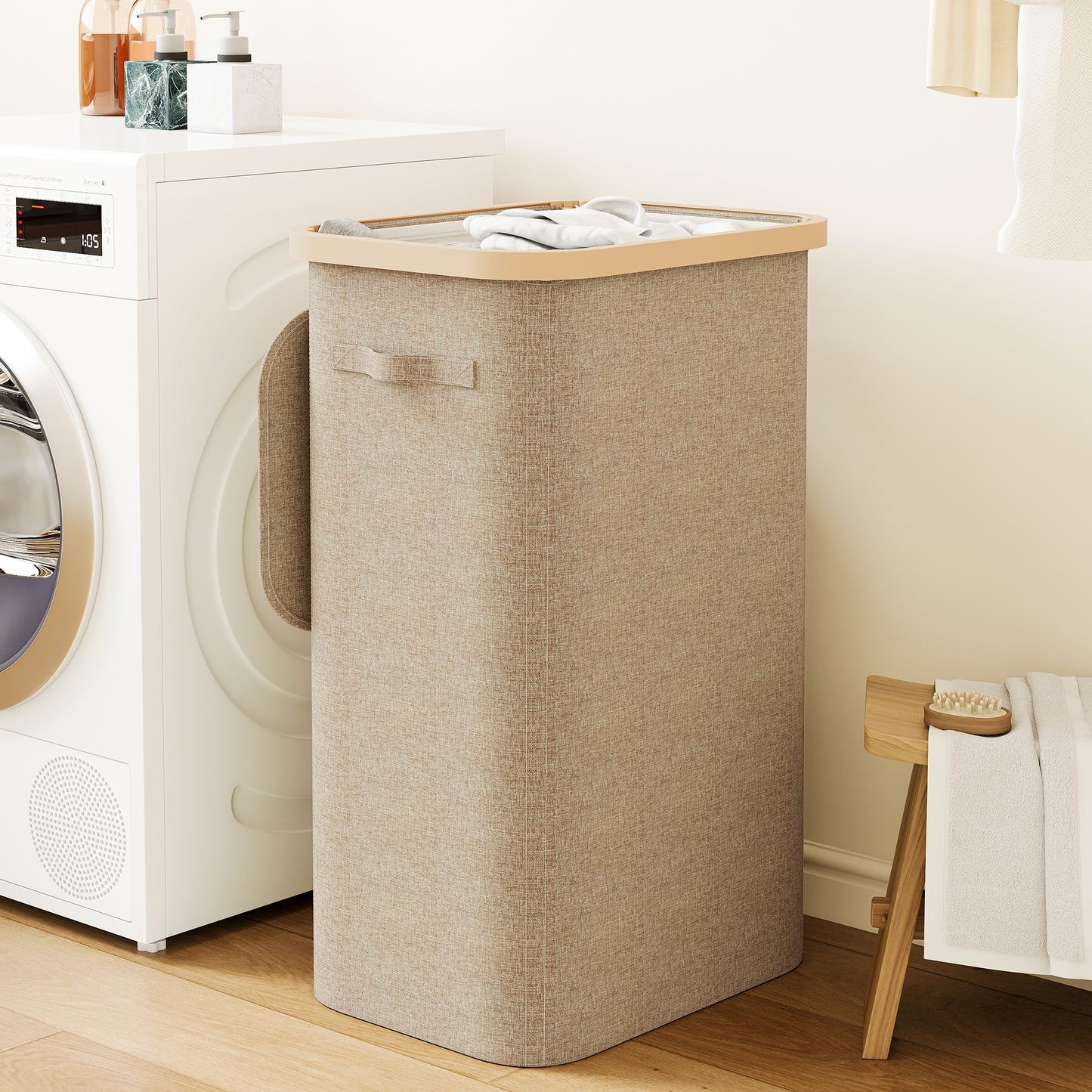 BGTREND Slim Laundry Hamper with Lid 110L Foldable Clothes Basket with Removable Mesh Bag & Handle for Closet Bathroom Bedroom (Beige)