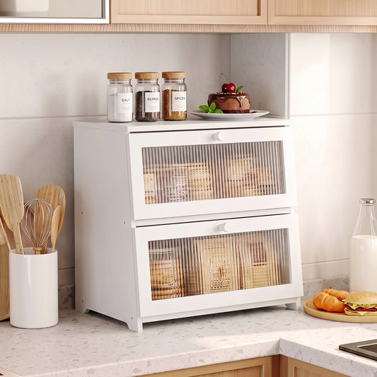 BGTREND Bread Box With Trapezoidal Bamboo for Kitchen Countertop, Spacious Wooden Corner Bread Storage Container, Under Cabinet Organizer(White,Double Layer)