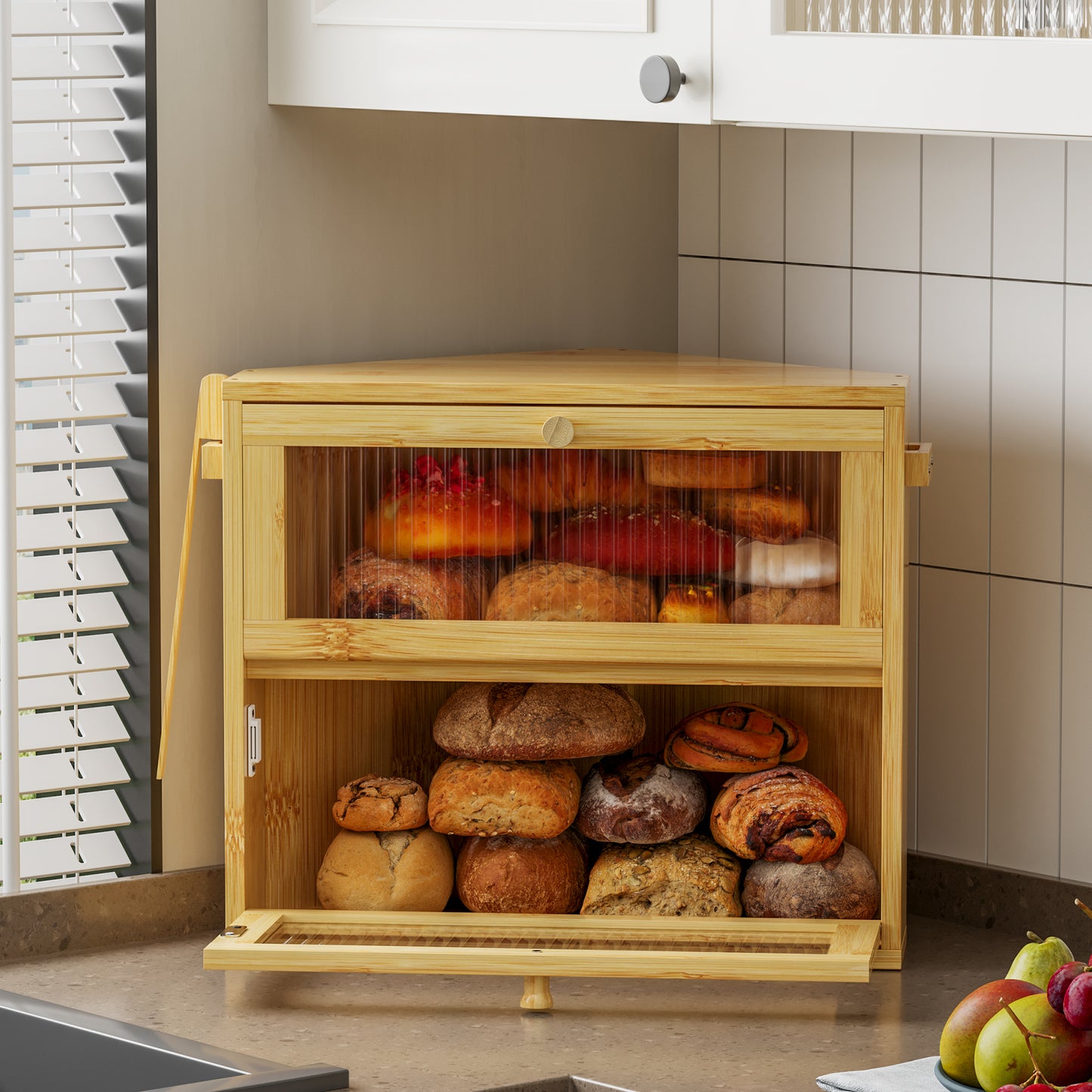 BGTREND Corner Bread Box for Kitchen Countertop, Large Double Layer Bread Storage Container for Homemade Bread, Black Bread Holder for Kitchen Counter, Under Cabinet Organizer (Natural, Medium)