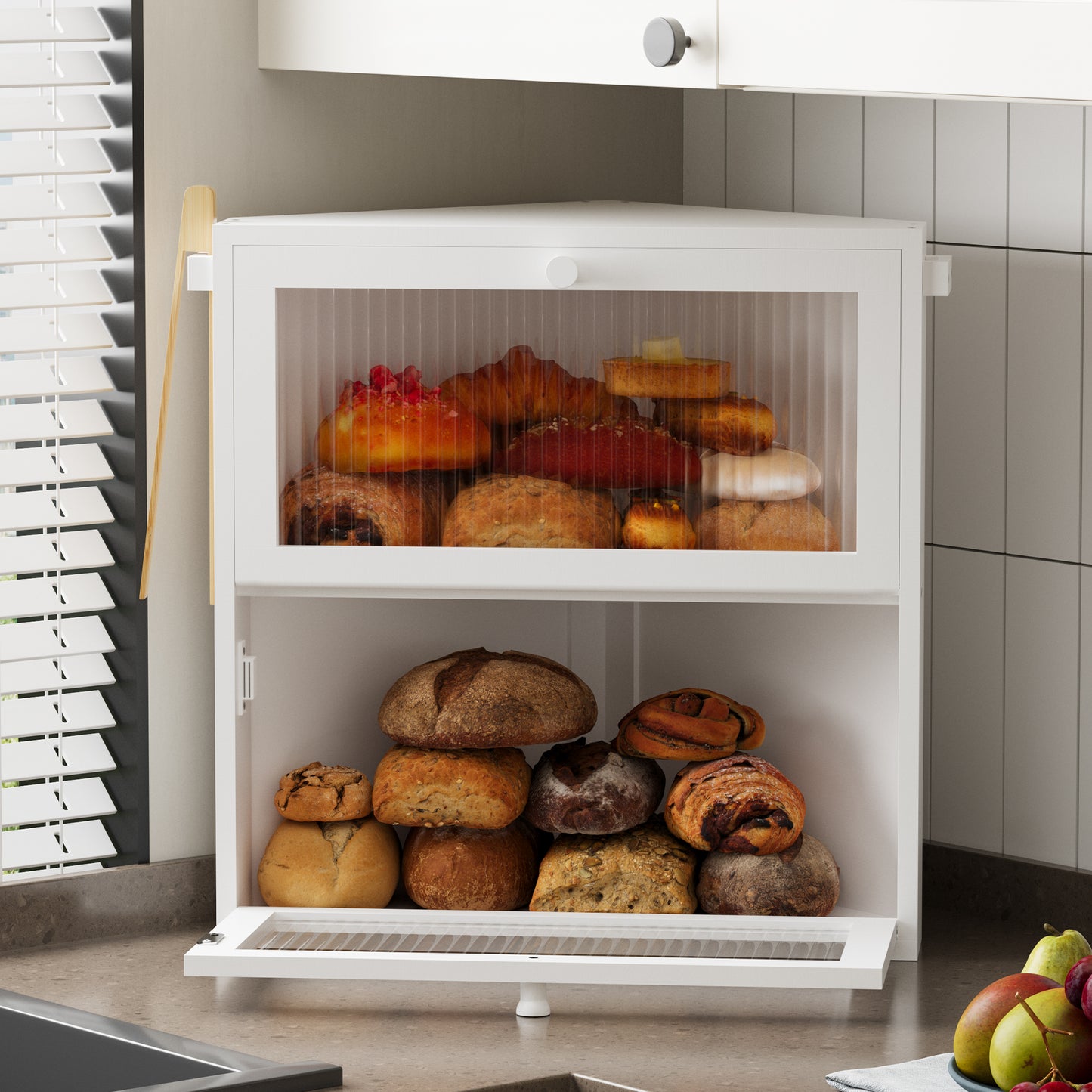 BGTREND Corner Bread Box for Kitchen Countertop, Large Double Layer Bread Storage Container for Homemade Bread, Black Bread Holder for Kitchen Counter, Under Cabinet Organizer (White, Extra Large)