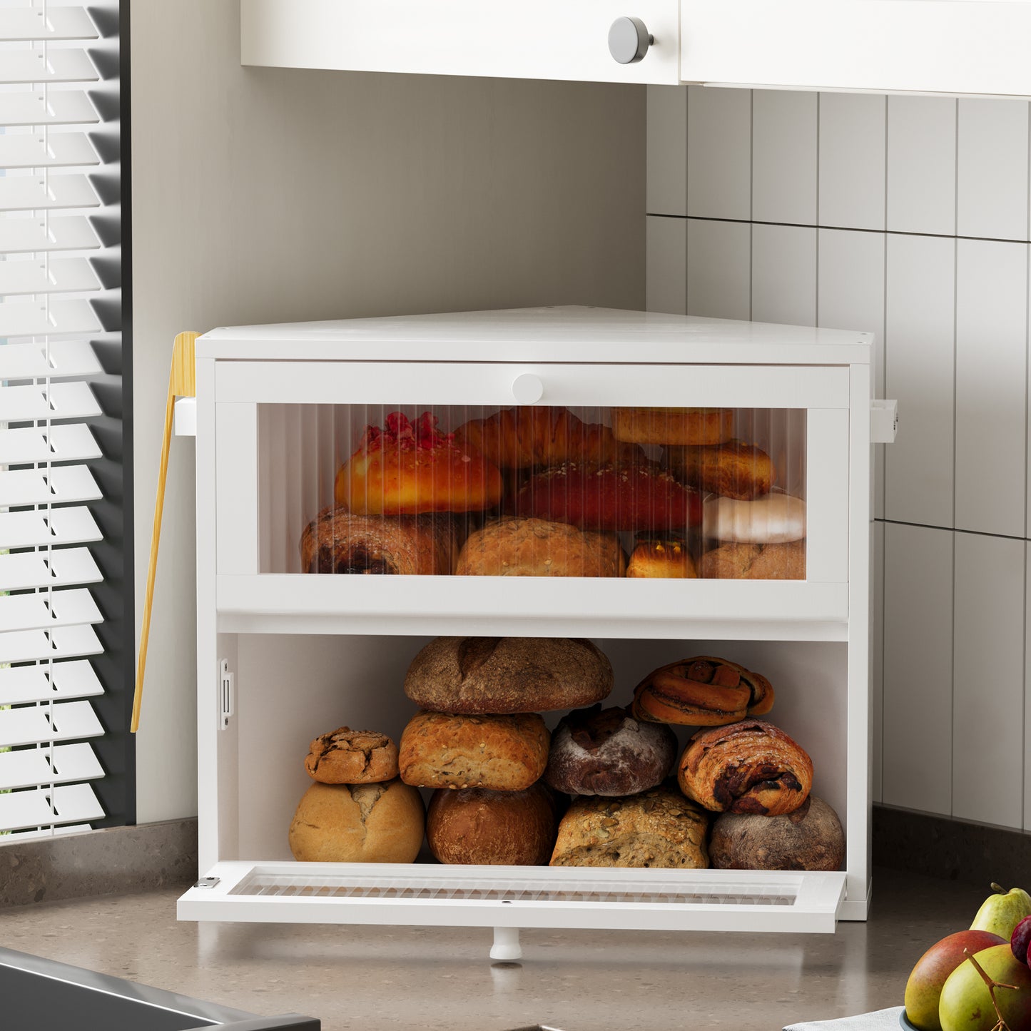 BGTREND Corner Bread Box for Kitchen Countertop, Large Double Layer Bread Storage Container for Homemade Bread, Black Bread Holder for Kitchen Counter, Under Cabinet Organizer (White, Medium)