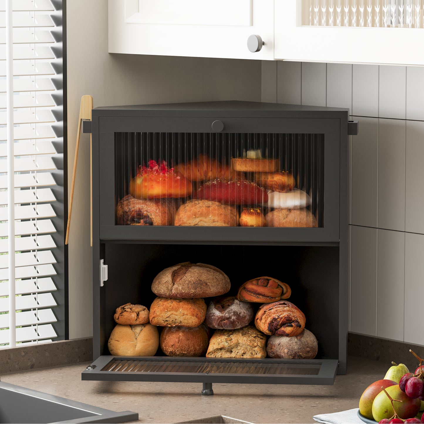 BGTREND Corner Bread Box for Kitchen Countertop, Large Double Layer Bread Storage Container for Homemade Bread, Black Bread Holder for Kitchen Counter, Under Cabinet Organizer (Black, Extra Large)