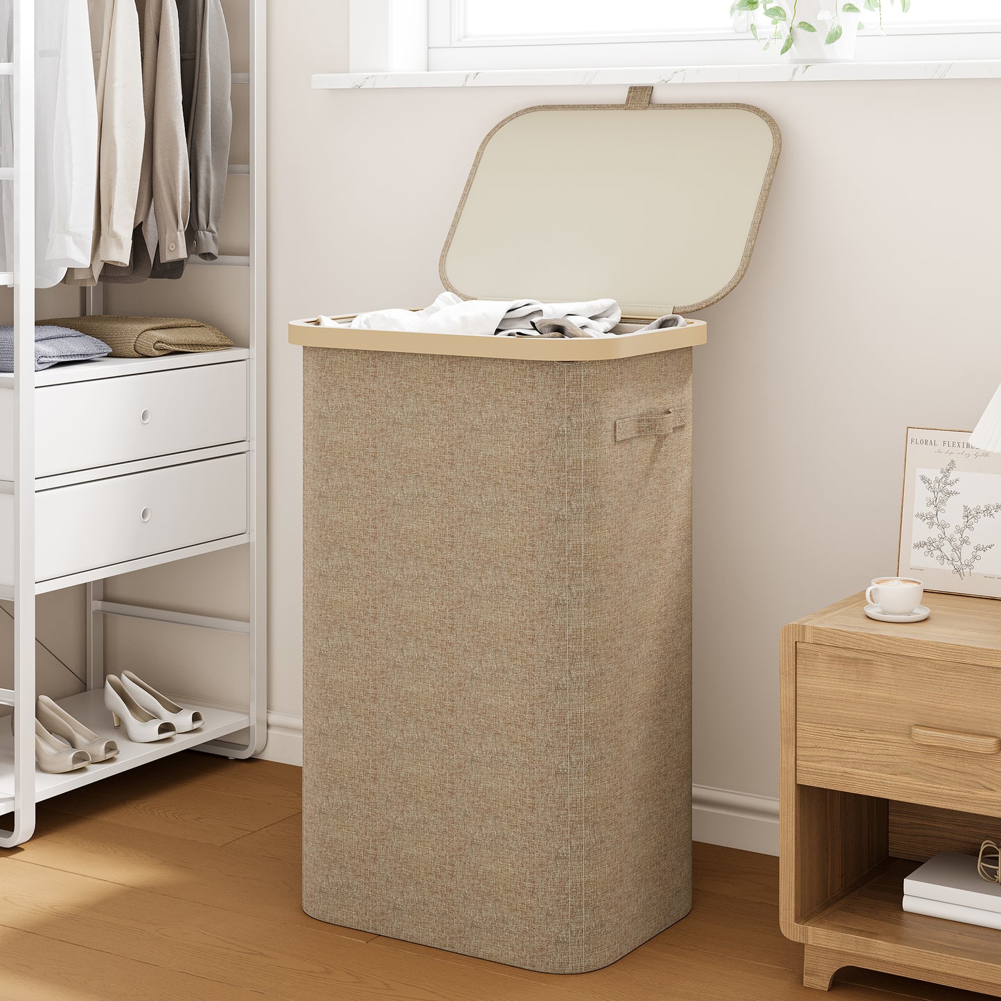 BGTREND Slim Laundry Hamper with Lid 110L Foldable Clothes Basket with Removable Mesh Bag & Handle for Closet Bathroom Bedroom (Beige)