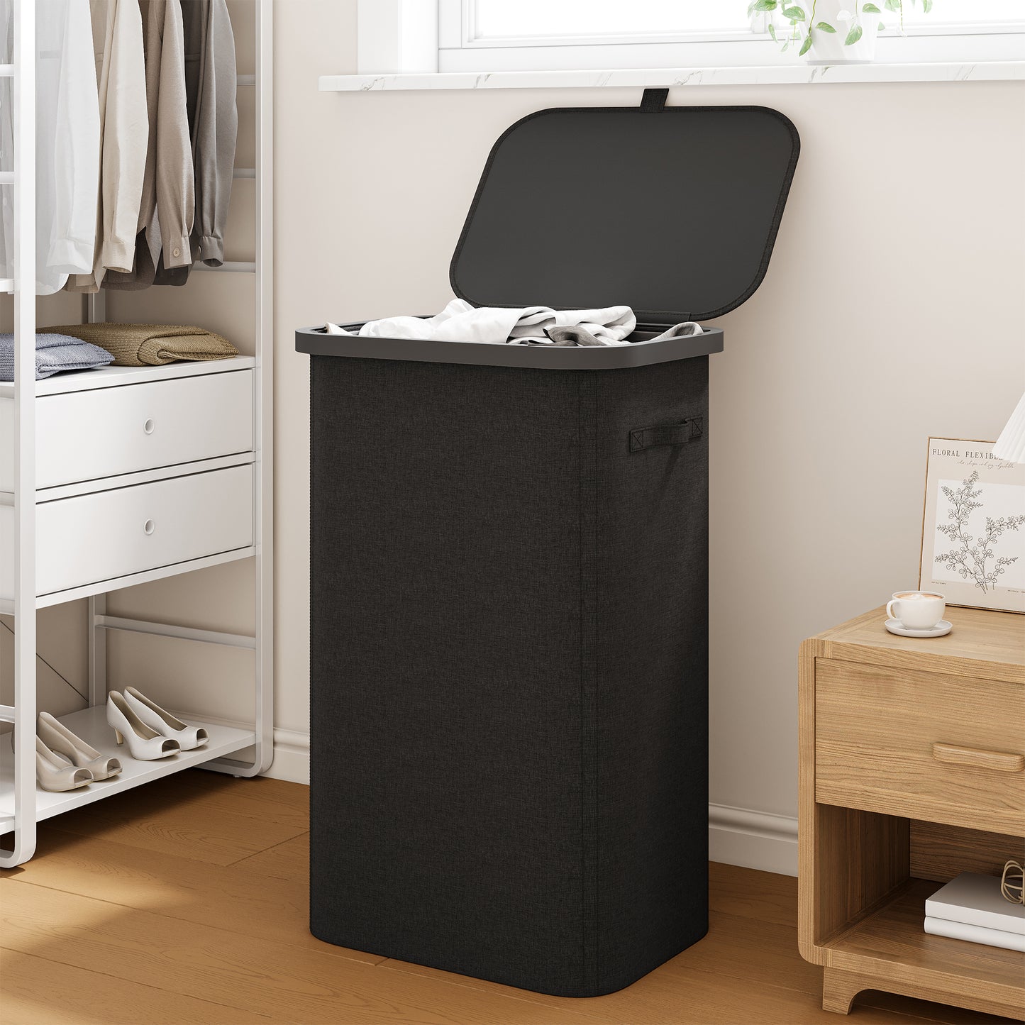 BGTREND Slim Laundry Hamper with Lid 110L Foldable Clothes Basket with Removable Mesh Bag & Handle for Closet Bathroom Bedroom (Black)