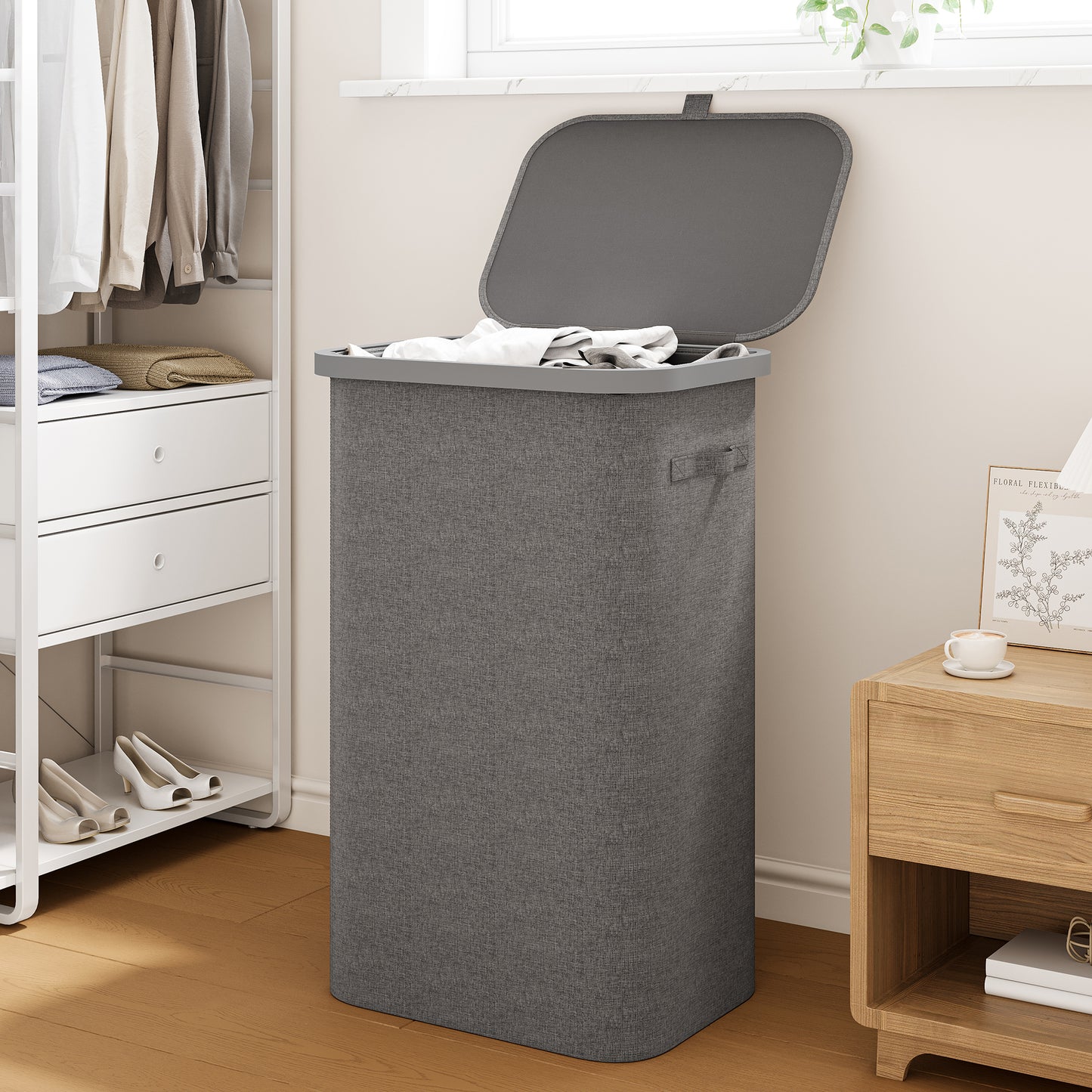 BGTREND Slim Laundry Hamper with Lid 110L Foldable Clothes Basket with Removable Mesh Bag & Handle for Closet Bathroom Bedroom (Gray)