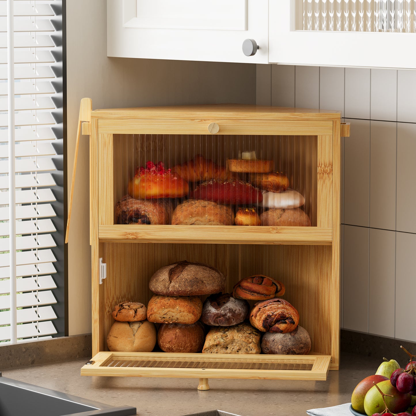 BGTREND Corner Bread Box for Kitchen Countertop, Large Double Layer Bread Storage Container for Homemade Bread, Black Bread Holder for Kitchen Counter, Under Cabinet Organizer (Natural, Extra Large)