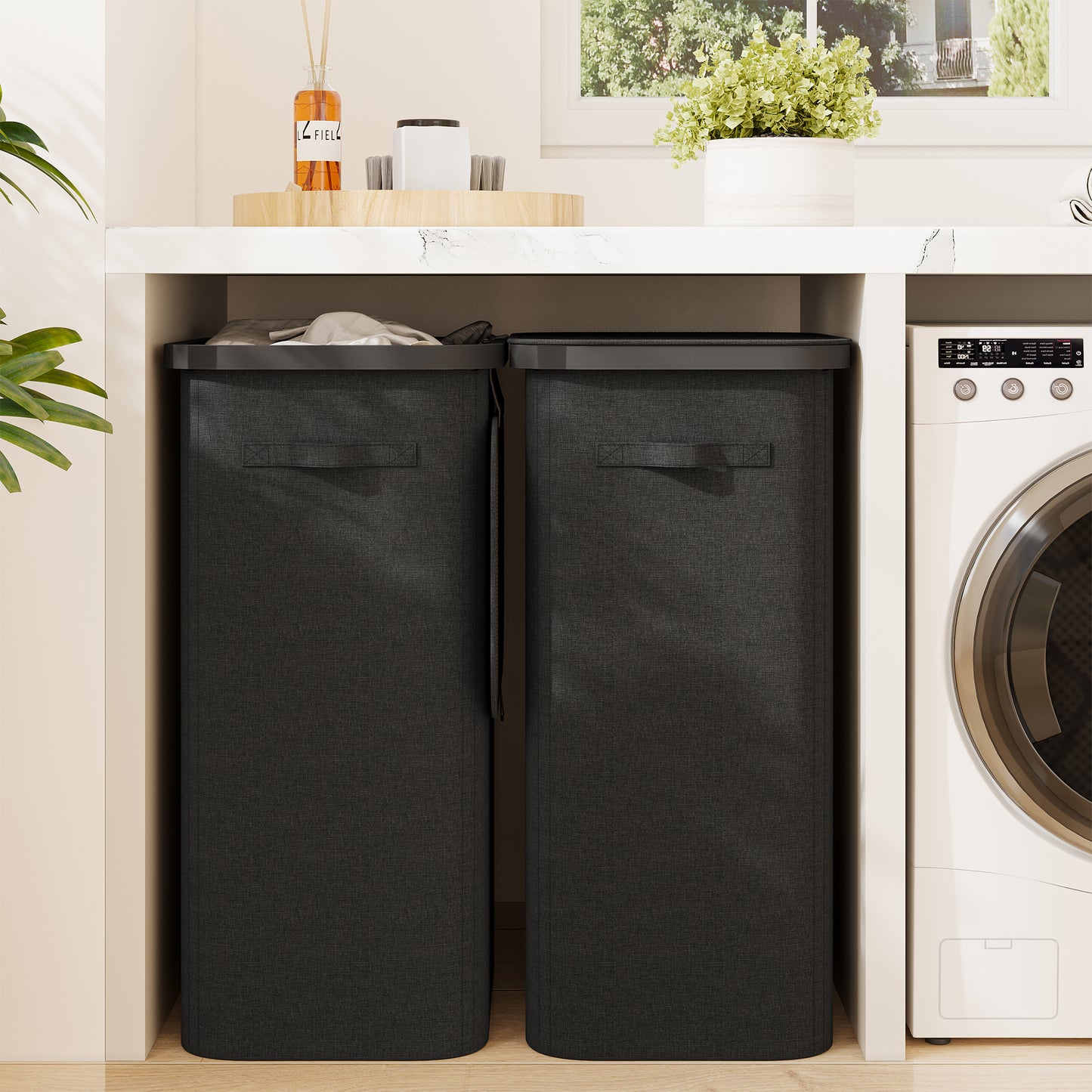 BGTREND 2PCS Slim Laundry Hamper with Lid 110L Foldable Clothes Basket with Removable Mesh Bag & Handle for Closet Bathroom Bedroom (Black)