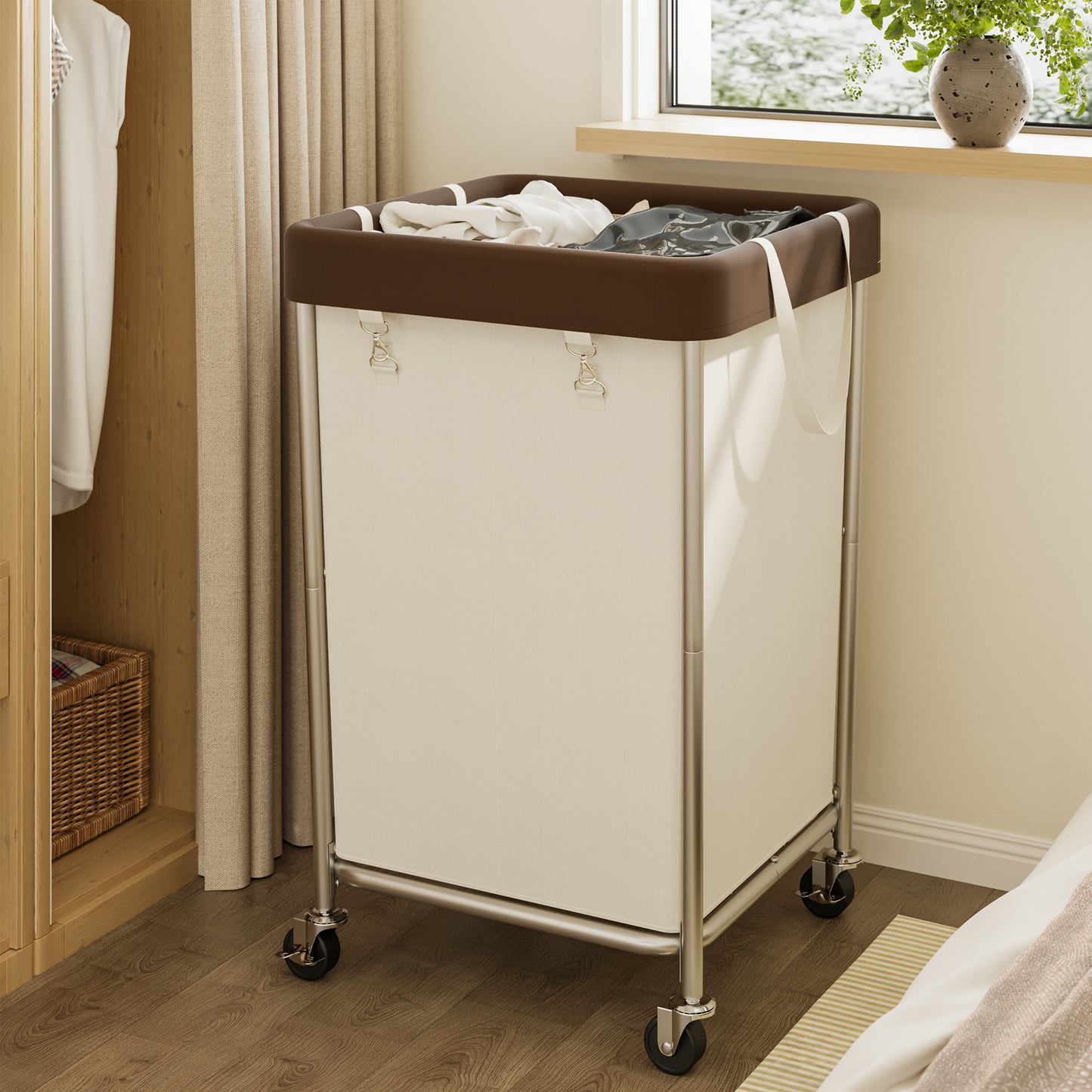 BGTREND 160L Large Laundry Basket with Wheels, Double Laundry Hamper Rolling, Clothes Hamper Cart for Laundry, Bedroom, Bathroom and Dorm, Beige