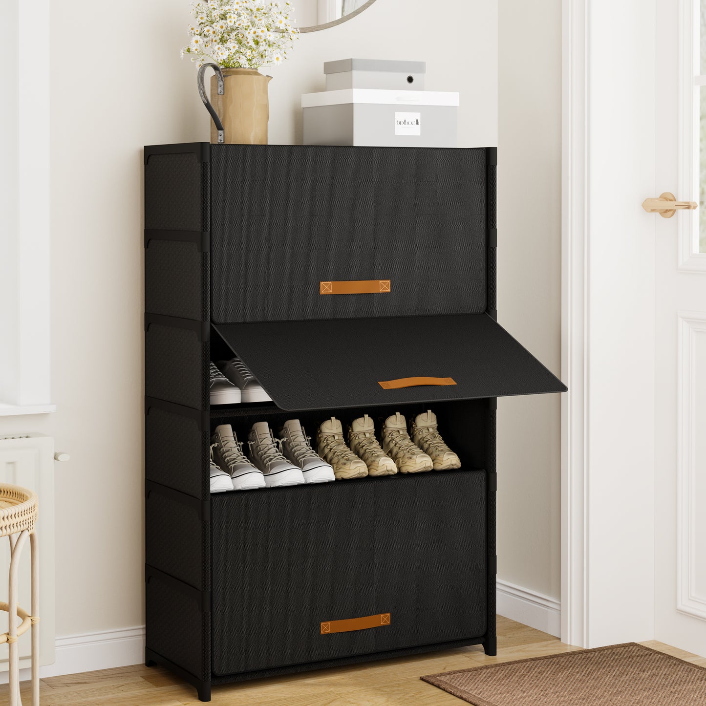 BGTREND 7 Tier Shoe Rack with Covers Shoe Storage Organizer Holds 28 Pairs for Closet Entryway Hallway, Black