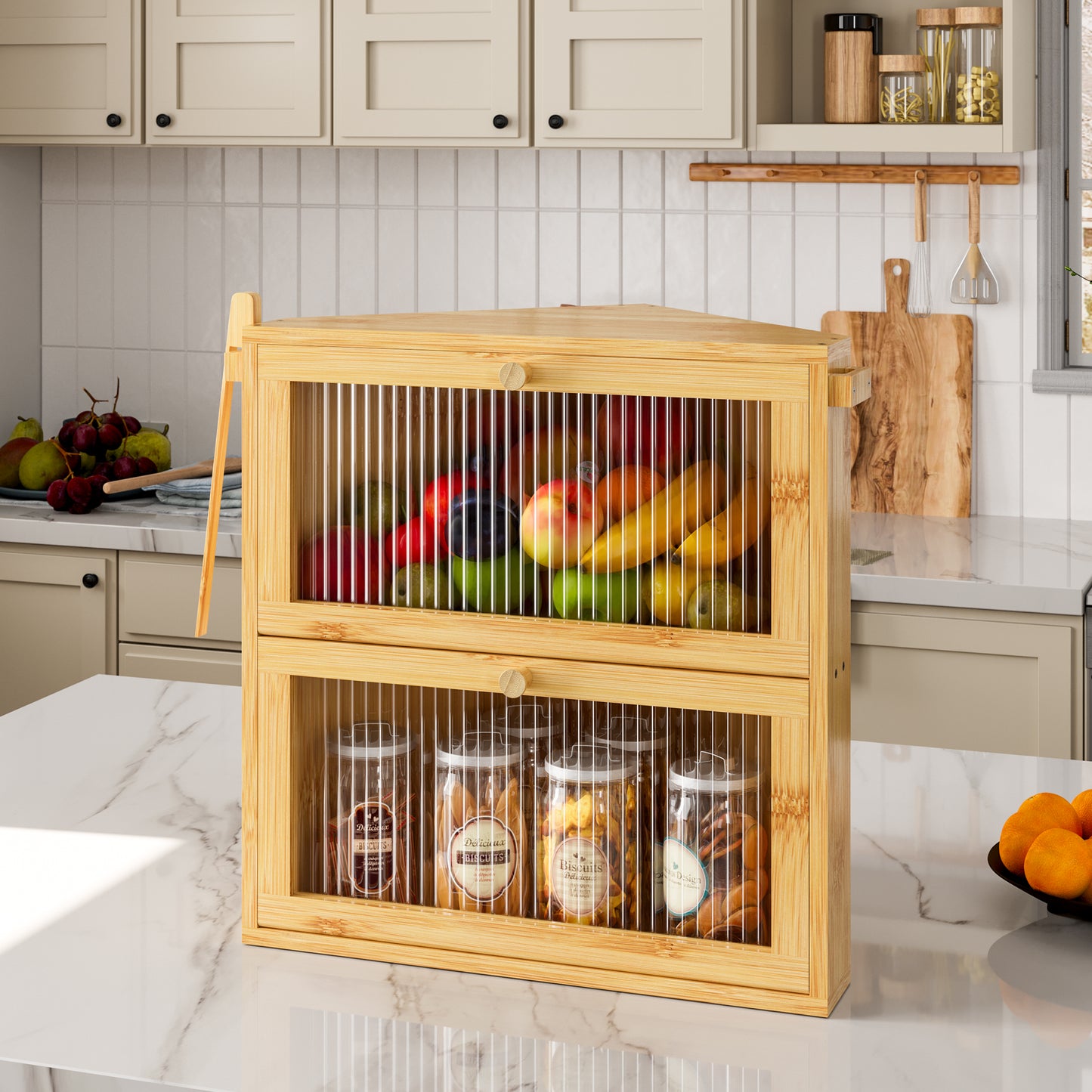 BGTREND Corner Bread Box for Kitchen Countertop, Large Double Layer Bread Storage Container for Homemade Bread, Black Bread Holder for Kitchen Counter, Under Cabinet Organizer (Natural, Extra Large)