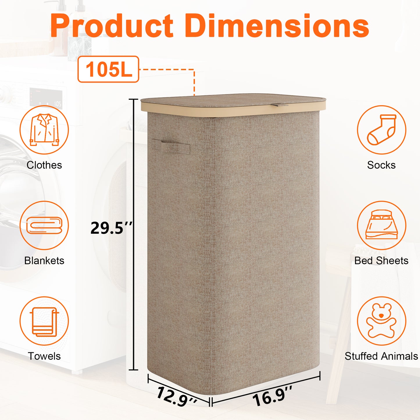 BGTREND Slim Laundry Hamper with Lid 110L Foldable Clothes Basket with Removable Mesh Bag & Handle for Closet Bathroom Bedroom (Beige)