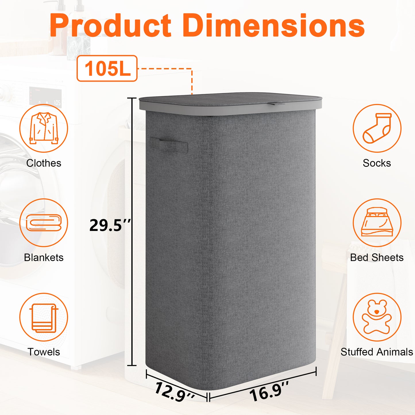 BGTREND Slim Laundry Hamper with Lid 110L Foldable Clothes Basket with Removable Mesh Bag & Handle for Closet Bathroom Bedroom (Gray)