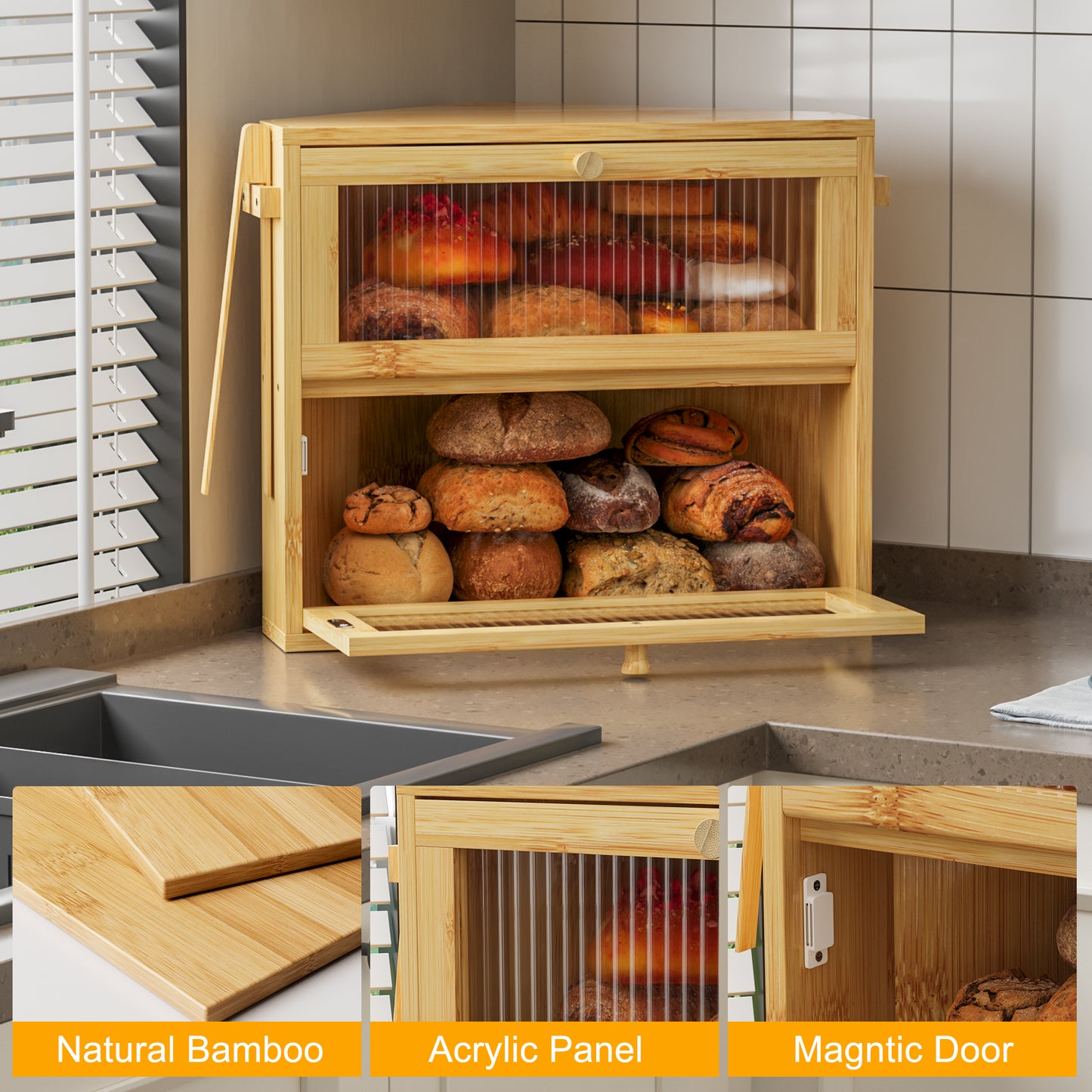 BGTREND Corner Bread Box for Kitchen Countertop, Large Double Layer Bread Storage Container for Homemade Bread, Black Bread Holder for Kitchen Counter, Under Cabinet Organizer (Natural, Medium)