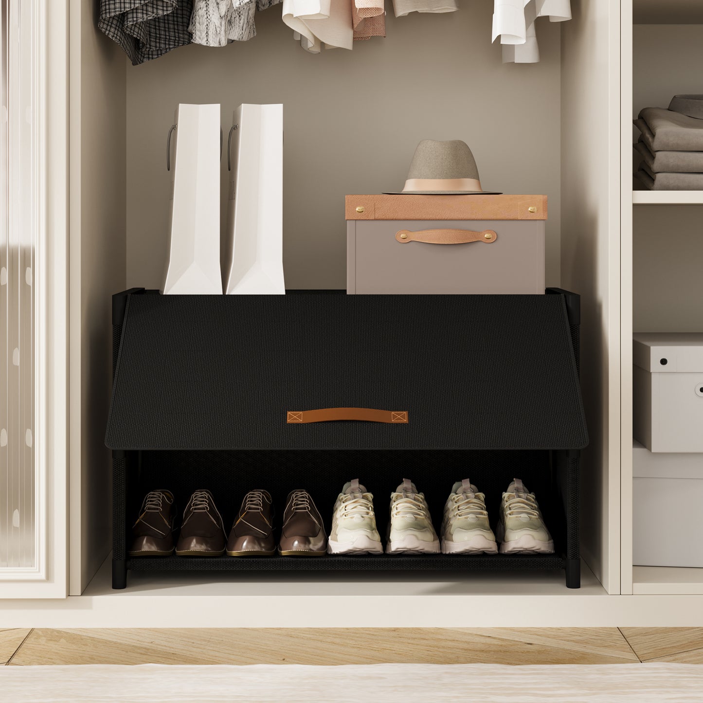 BGTREND 3 Tier Shoe Rack with Covers Shoe Storage Organizer Holds 12 Pairs for Closet Entryway Hallway, Black