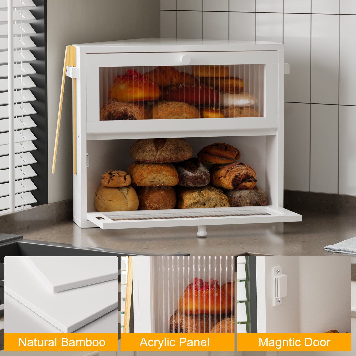 BGTREND Corner Bread Box for Kitchen Countertop, Large Double Layer Bread Storage Container for Homemade Bread, Black Bread Holder for Kitchen Counter, Under Cabinet Organizer (White, Medium)