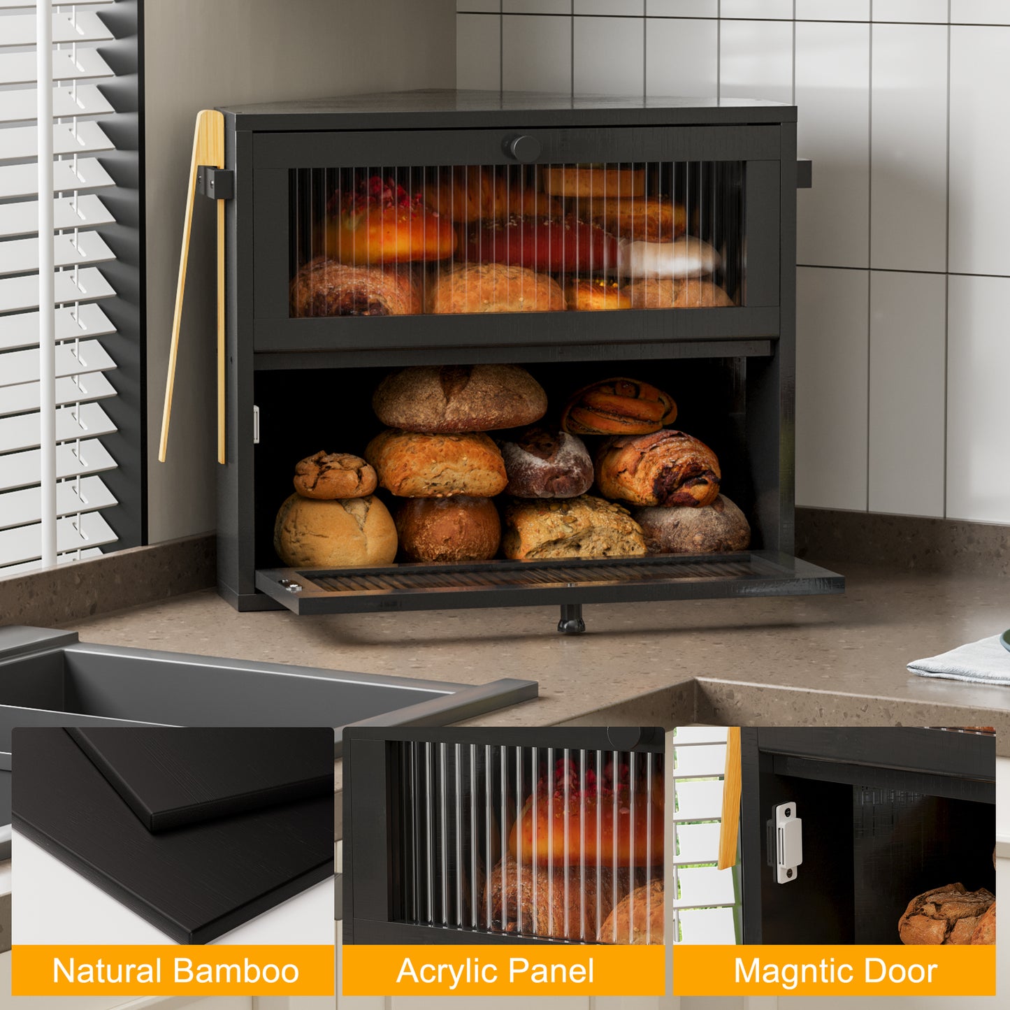 BGTREND Corner Bread Box for Kitchen Countertop, Large Double Layer Bread Storage Container for Homemade Bread, Black Bread Holder for Kitchen Counter, Under Cabinet Organizer (Black, Medium)