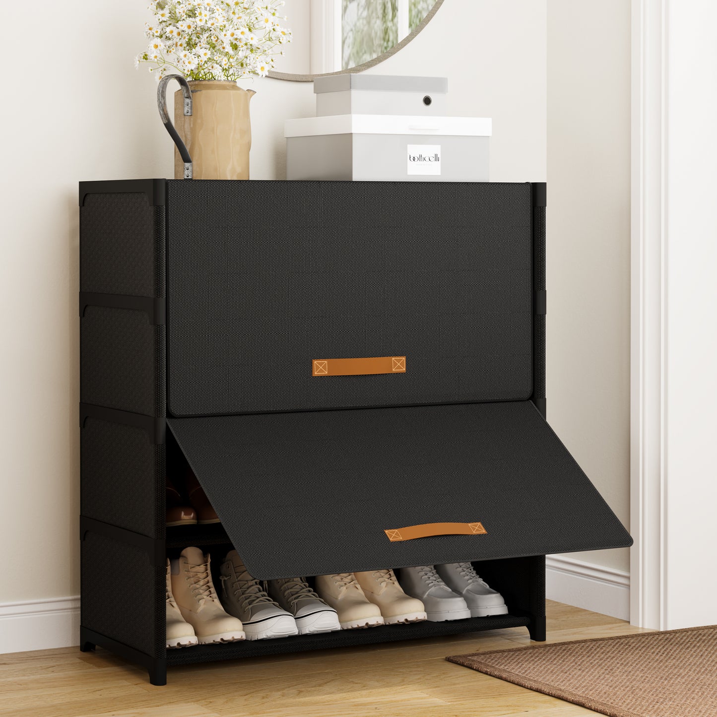 BGTREND 5 Tier Shoe Rack with Covers Shoe Storage Organizer Holds 20 Pairs for Closet Entryway Hallway, Black