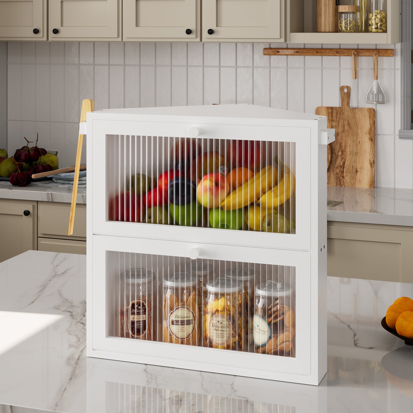 BGTREND Corner Bread Box for Kitchen Countertop, Large Double Layer Bread Storage Container for Homemade Bread, Black Bread Holder for Kitchen Counter, Under Cabinet Organizer (White, Extra Large)