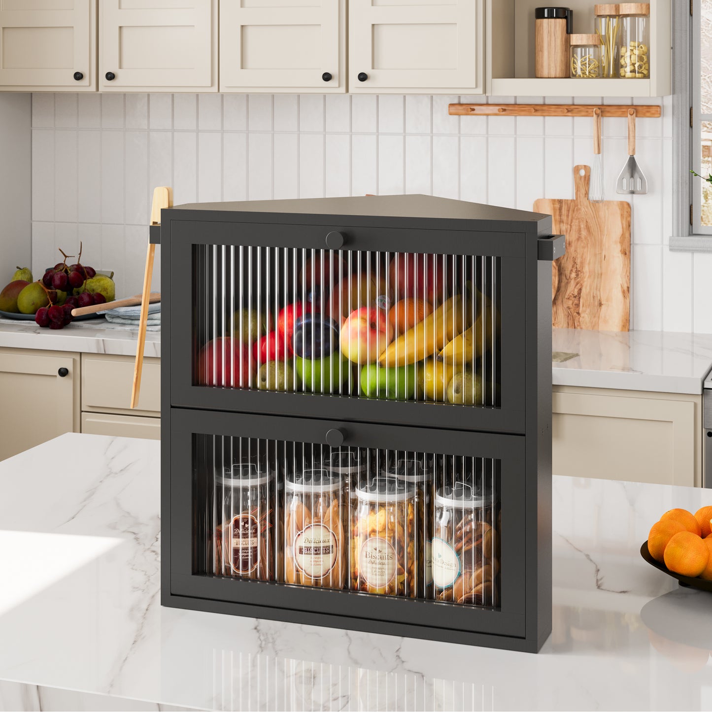 BGTREND Corner Bread Box for Kitchen Countertop, Large Double Layer Bread Storage Container for Homemade Bread, Black Bread Holder for Kitchen Counter, Under Cabinet Organizer (Black, Extra Large)