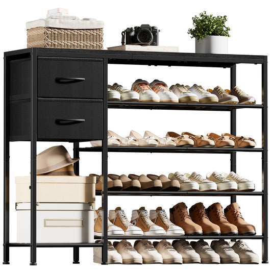 BGTREND 5-Tier Shoe Rack with Wooden Top and 2 Drawers, 16-21Pairs Shoe Storage Organizer with Boots Storage for Entryway Hallway Closet (Black)