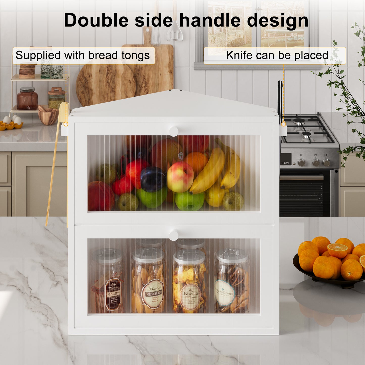 BGTREND Corner Bread Box for Kitchen Countertop, Large Double Layer Bread Storage Container for Homemade Bread, Black Bread Holder for Kitchen Counter, Under Cabinet Organizer (White, Extra Large)