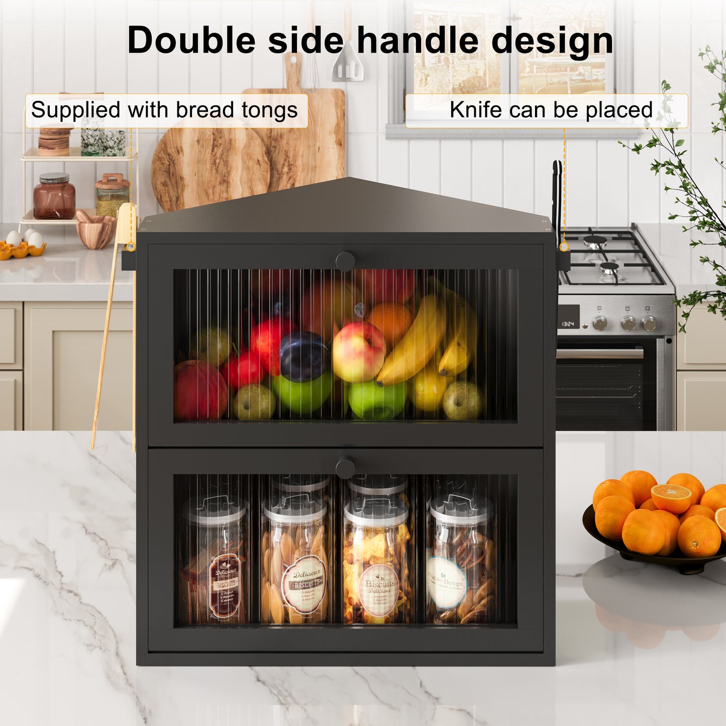 BGTREND Corner Bread Box for Kitchen Countertop, Large Double Layer Bread Storage Container for Homemade Bread, Black Bread Holder for Kitchen Counter, Under Cabinet Organizer (Black, Extra Large)