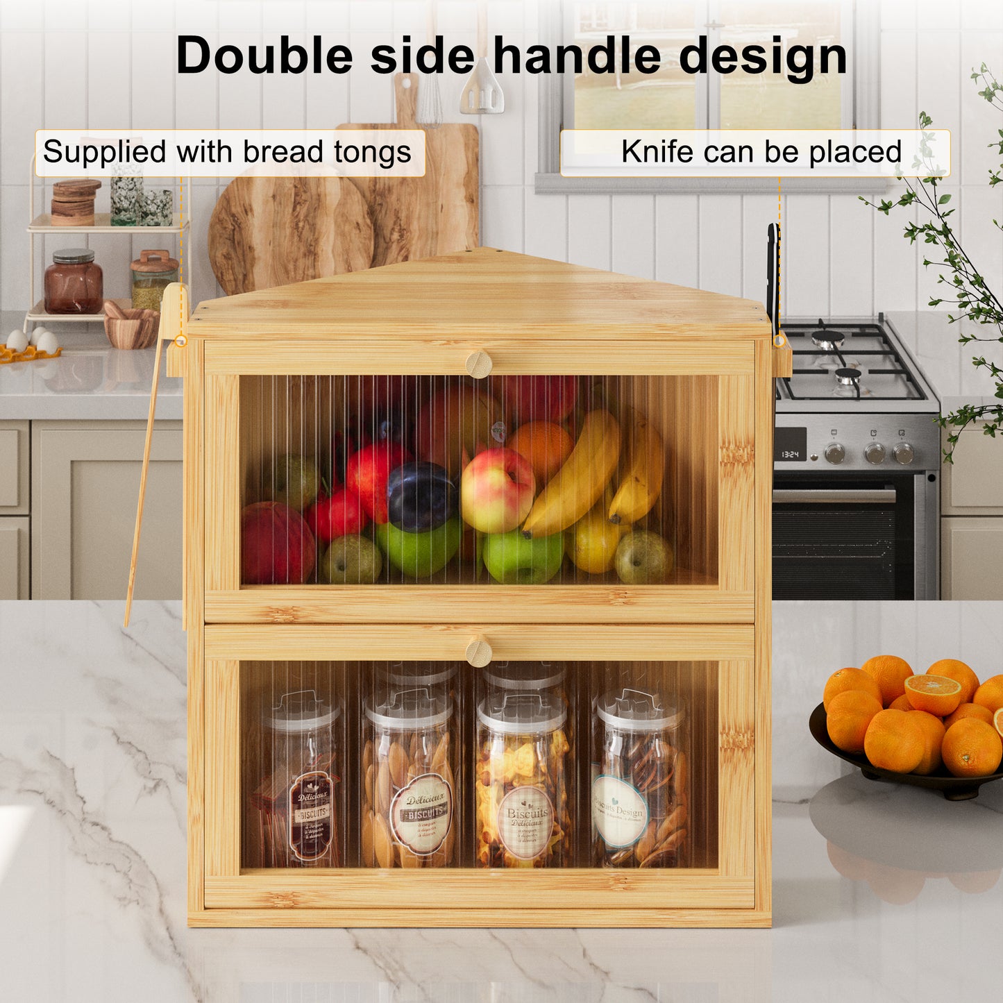 BGTREND Corner Bread Box for Kitchen Countertop, Large Double Layer Bread Storage Container for Homemade Bread, Black Bread Holder for Kitchen Counter, Under Cabinet Organizer (Natural, Extra Large)