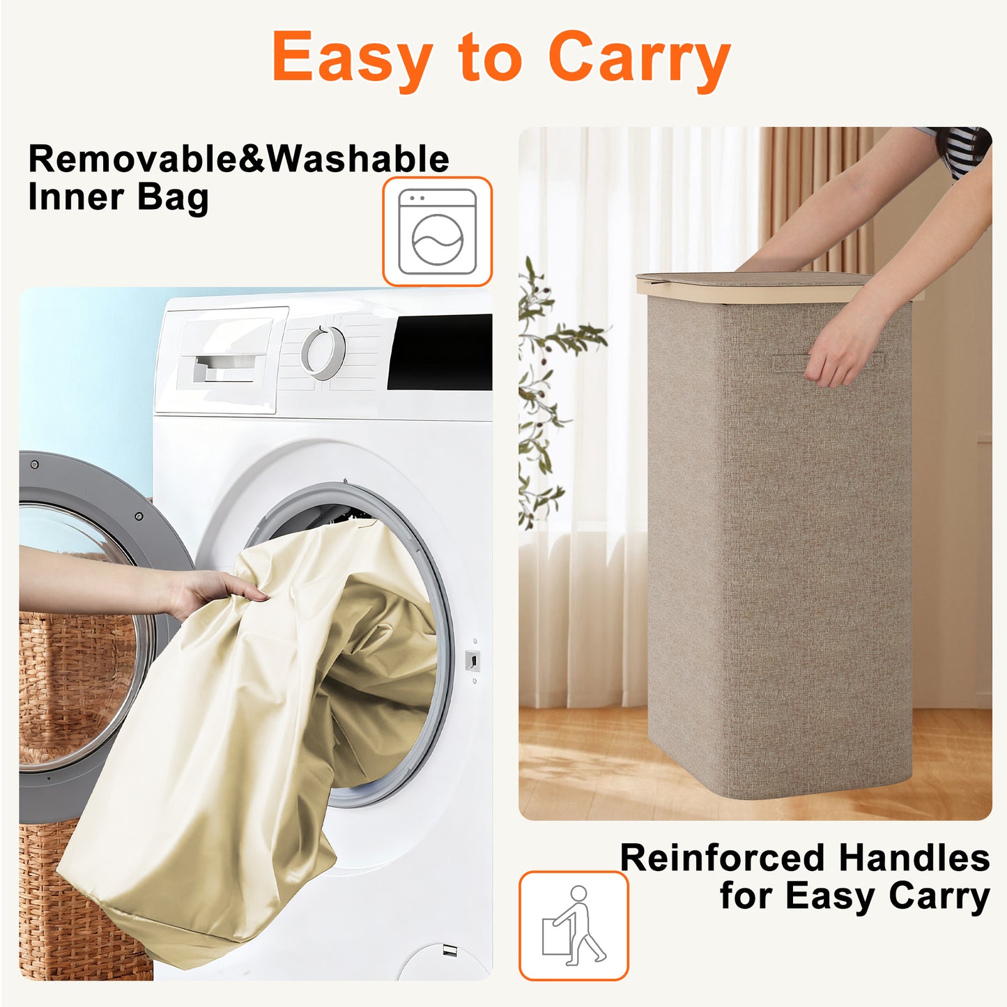 BGTREND Slim Laundry Hamper with Lid 110L Foldable Clothes Basket with Removable Mesh Bag & Handle for Closet Bathroom Bedroom (Beige)