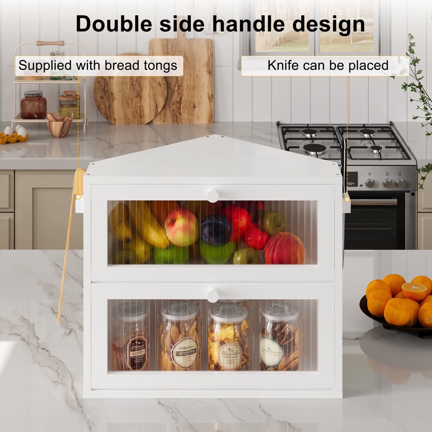 BGTREND Corner Bread Box for Kitchen Countertop, Large Double Layer Bread Storage Container for Homemade Bread, Black Bread Holder for Kitchen Counter, Under Cabinet Organizer (White, Medium)