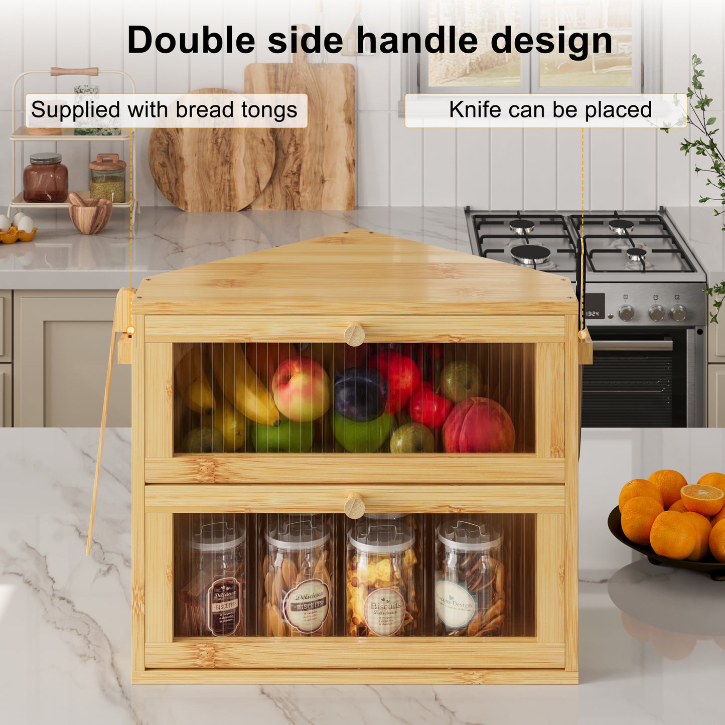 BGTREND Corner Bread Box for Kitchen Countertop, Large Double Layer Bread Storage Container for Homemade Bread, Black Bread Holder for Kitchen Counter, Under Cabinet Organizer (Natural, Medium)