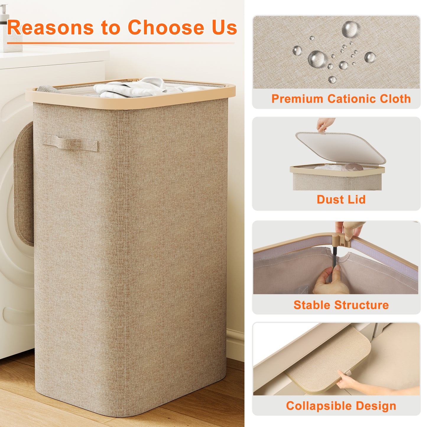 BGTREND Slim Laundry Hamper with Lid 110L Foldable Clothes Basket with Removable Mesh Bag & Handle for Closet Bathroom Bedroom (Beige)