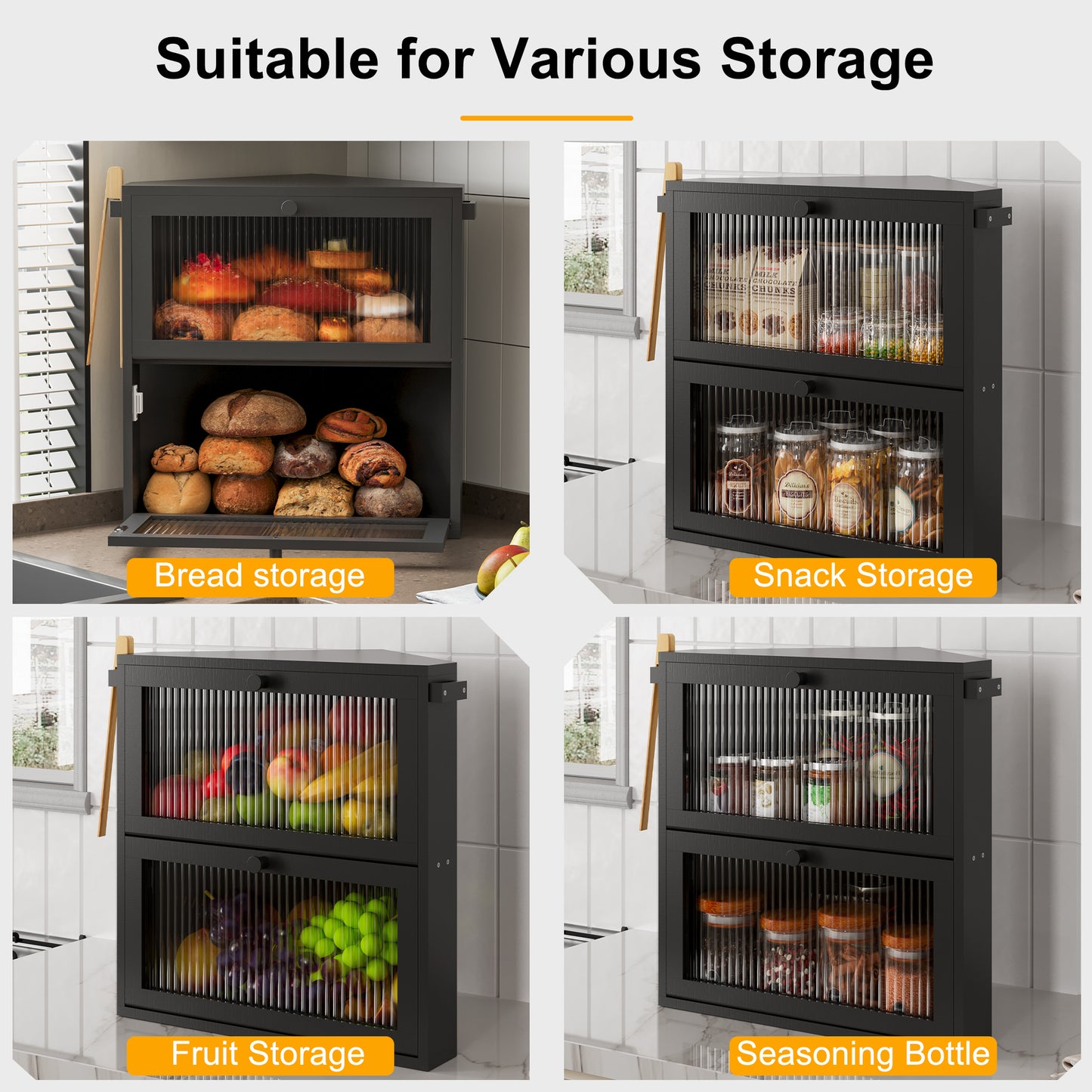 BGTREND Corner Bread Box for Kitchen Countertop, Large Double Layer Bread Storage Container for Homemade Bread, Black Bread Holder for Kitchen Counter, Under Cabinet Organizer (Black, Extra Large)