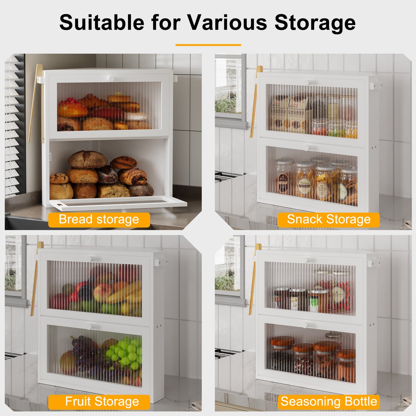 BGTREND Corner Bread Box for Kitchen Countertop, Large Double Layer Bread Storage Container for Homemade Bread, Black Bread Holder for Kitchen Counter, Under Cabinet Organizer (White, Extra Large)