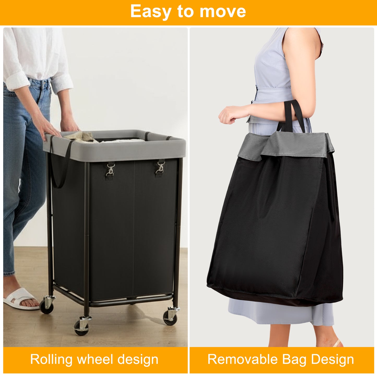 BGTREND 160L Laundry Basket with Wheels, 2 Section Large Rolling Laundry Hamper with Wheels, Clothes Hamper Cart for Laundry, Bedroom, Bathroom and Dorm