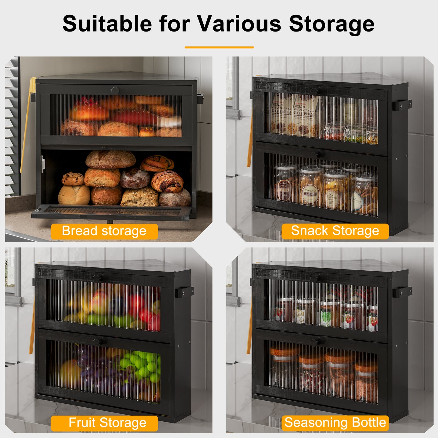 BGTREND Corner Bread Box for Kitchen Countertop, Large Double Layer Bread Storage Container for Homemade Bread, Black Bread Holder for Kitchen Counter, Under Cabinet Organizer (Black, Medium)