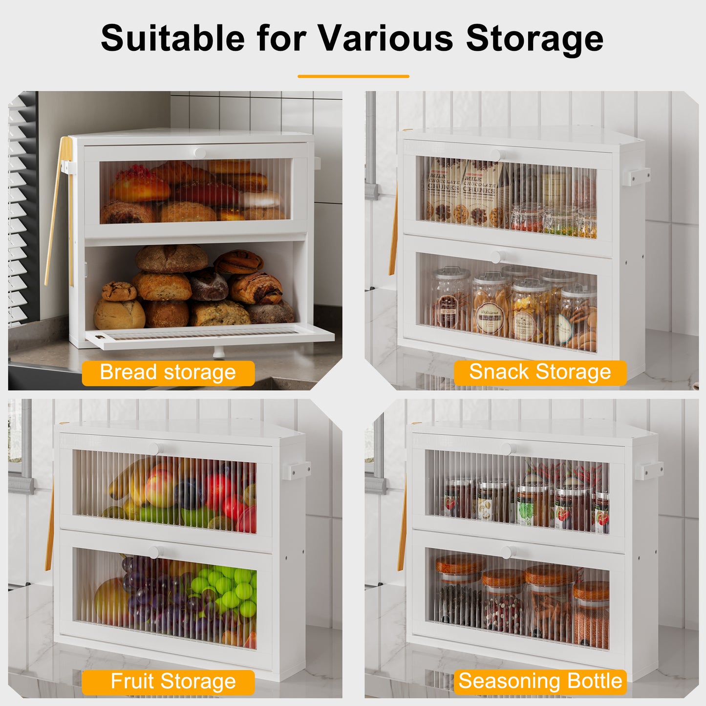 BGTREND Corner Bread Box for Kitchen Countertop, Large Double Layer Bread Storage Container for Homemade Bread, Black Bread Holder for Kitchen Counter, Under Cabinet Organizer (White, Medium)