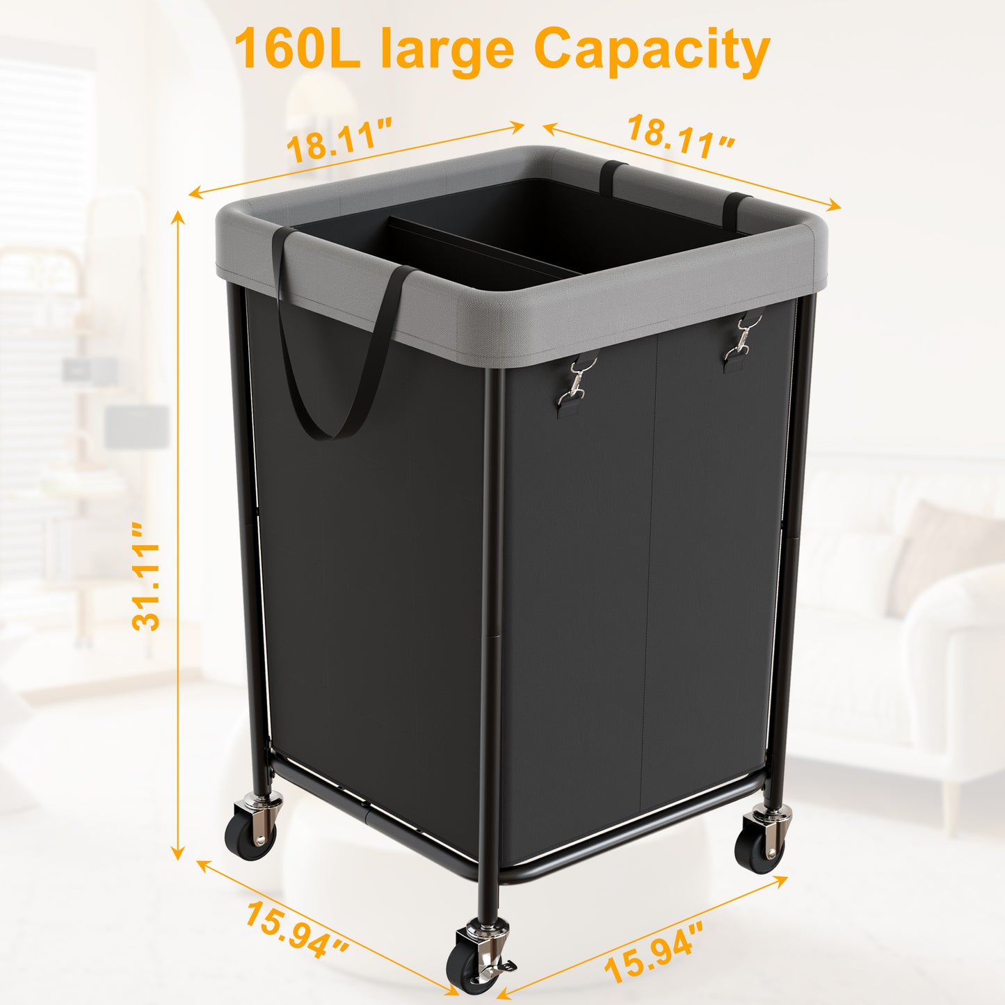BGTREND 160L Laundry Basket with Wheels, 2 Section Large Rolling Laundry Hamper with Wheels, Clothes Hamper Cart for Laundry, Bedroom, Bathroom and Dorm