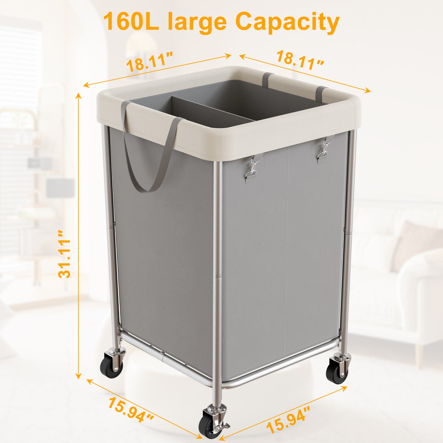 BGTREND 160L Large Laundry Basket with Wheels, Double Laundry Hamper Rolling, Clothes Hamper Cart for Laundry, Bedroom, Bathroom and Dorm, Gray