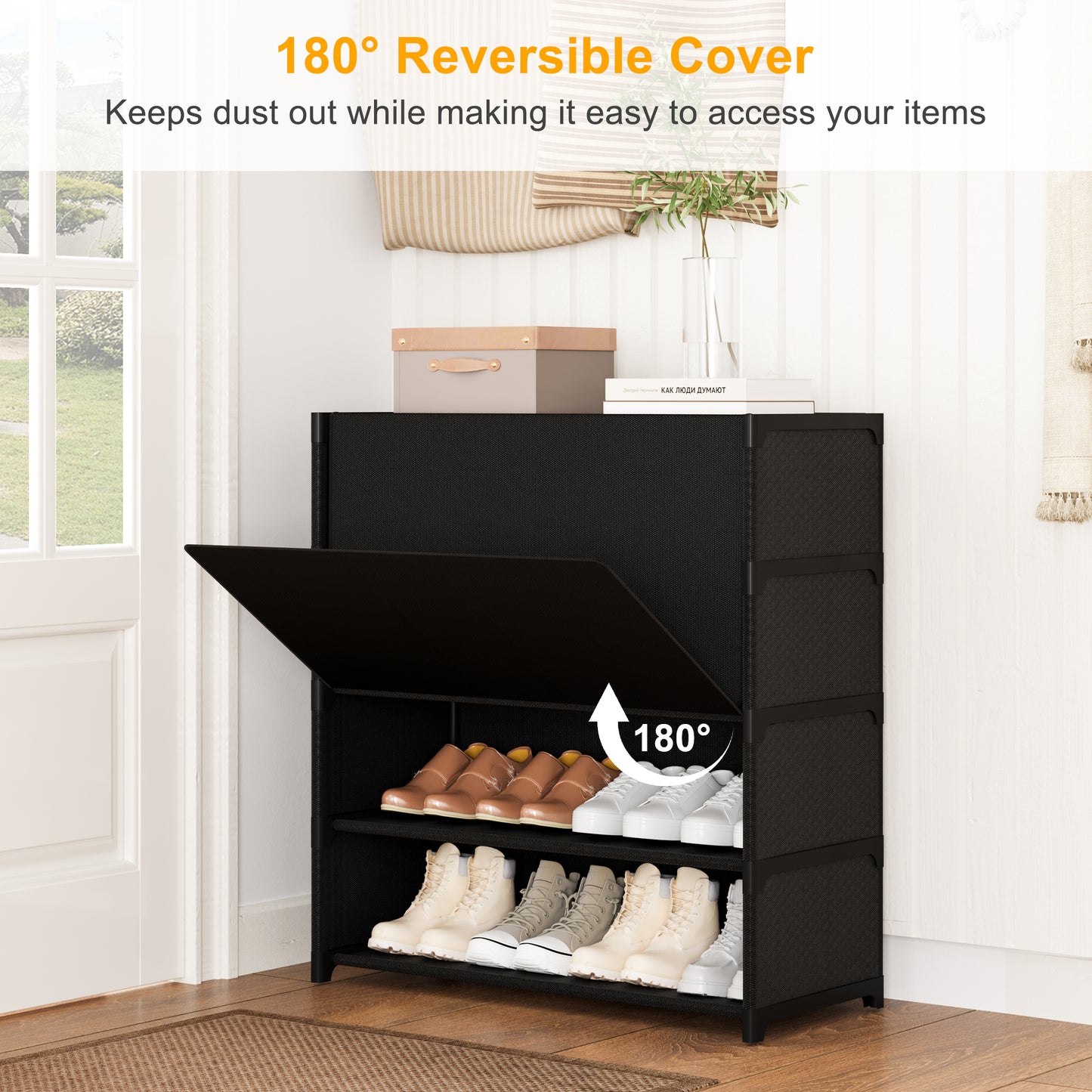 BGTREND 5 Tier Shoe Rack with Covers Shoe Storage Organizer Holds 20 Pairs for Closet Entryway Hallway, Black