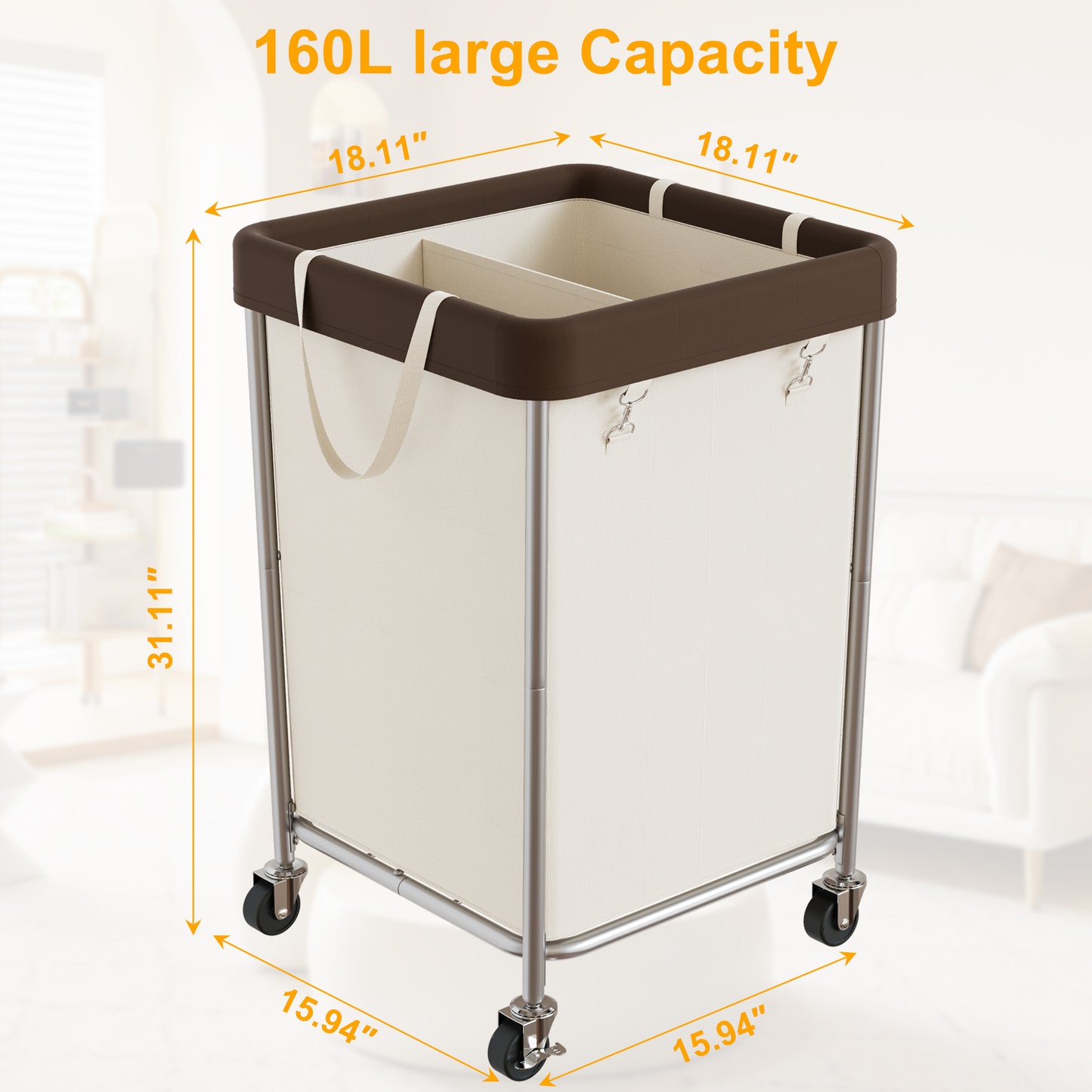 BGTREND 160L Large Laundry Basket with Wheels, Double Laundry Hamper Rolling, Clothes Hamper Cart for Laundry, Bedroom, Bathroom and Dorm, Beige