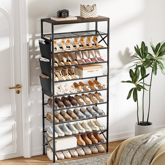 BGTREND 10-Tier Metal Shoe Rack Organizer with Wooden Top, 30-40 Pairs Shoe Storage Shelf for Entryway Hallway (65.67¡± Tall, Brown)