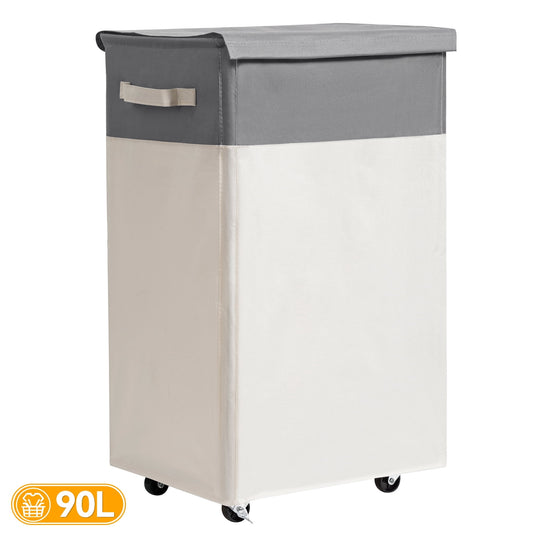 BGTREND 100L Laundry Hamper with Lid and Wheels Rolling Laundry Basket Collapsible Dirty Clothes Hamper for Bedroom Bathroom Closet£¬Beige and Gray