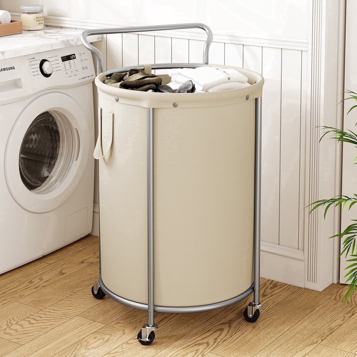 BGTREND 160L Rolling Laundry Hamper with Removable Bag, Round Steel Frame and Handle,  Beige