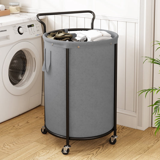 BGTREND 160L Rolling Laundry Hamper with Removable Bag, Round Steel Frame and Handle, Gray