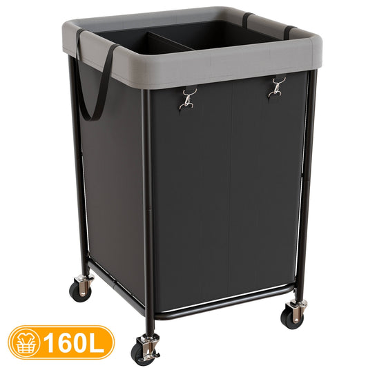 BGTREND 160L Large Laundry Basket with Wheels, Double Laundry Hamper Rolling, Clothes Hamper Cart for Laundry, Bedroom, Bathroom and Dorm, Black