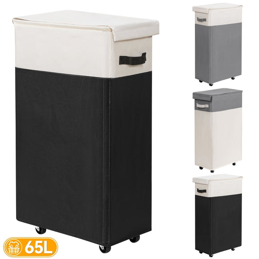 BGTREND 28'' Tall & Slim Laundry Hamper with Lid 65L Rolling Laundry Hamper with Wheels Narrow Laundry Basket Collapsible Dirty Clothes Hamper (Black & White)