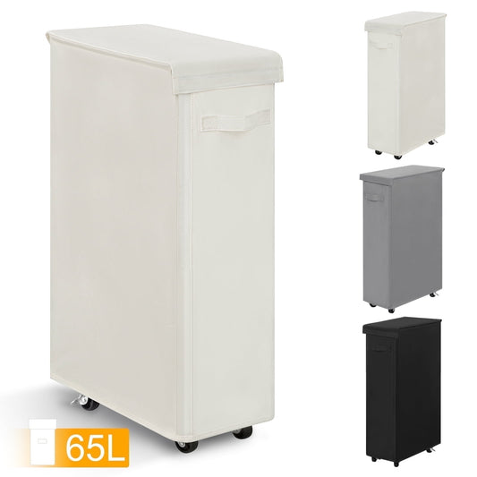 BGTREND 28'' Tall & Slim Laundry Hamper with Lid and Wheels Narrow Laundry Basket Collapsible Dirty Clothes Hamper Portable Laundry Storage Bin Oxford (65L, Beige)