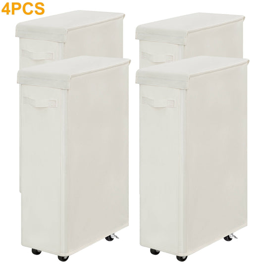 BGTREND 4pcs 28'' Tall & Slim Laundry Hamper with Lid and Wheels Narrow Laundry Basket Collapsible Dirty Clothes Hamper Portable Laundry Storage Bin Oxford (65L, Beige)